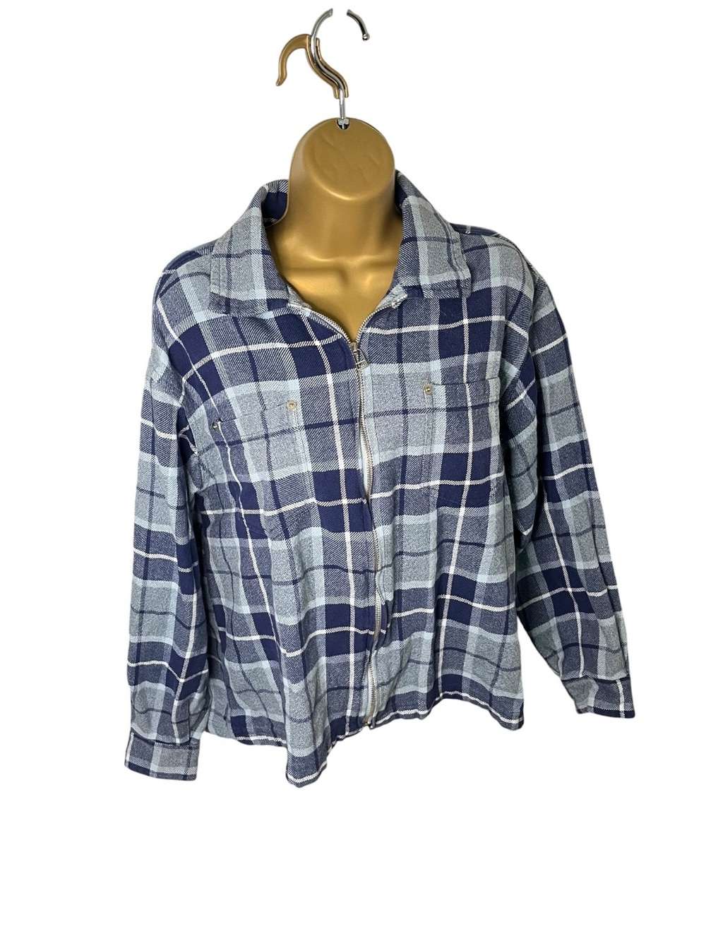 Vintage 90s Company One Plaid Zip Up Shirt Jacket Blue Gray L